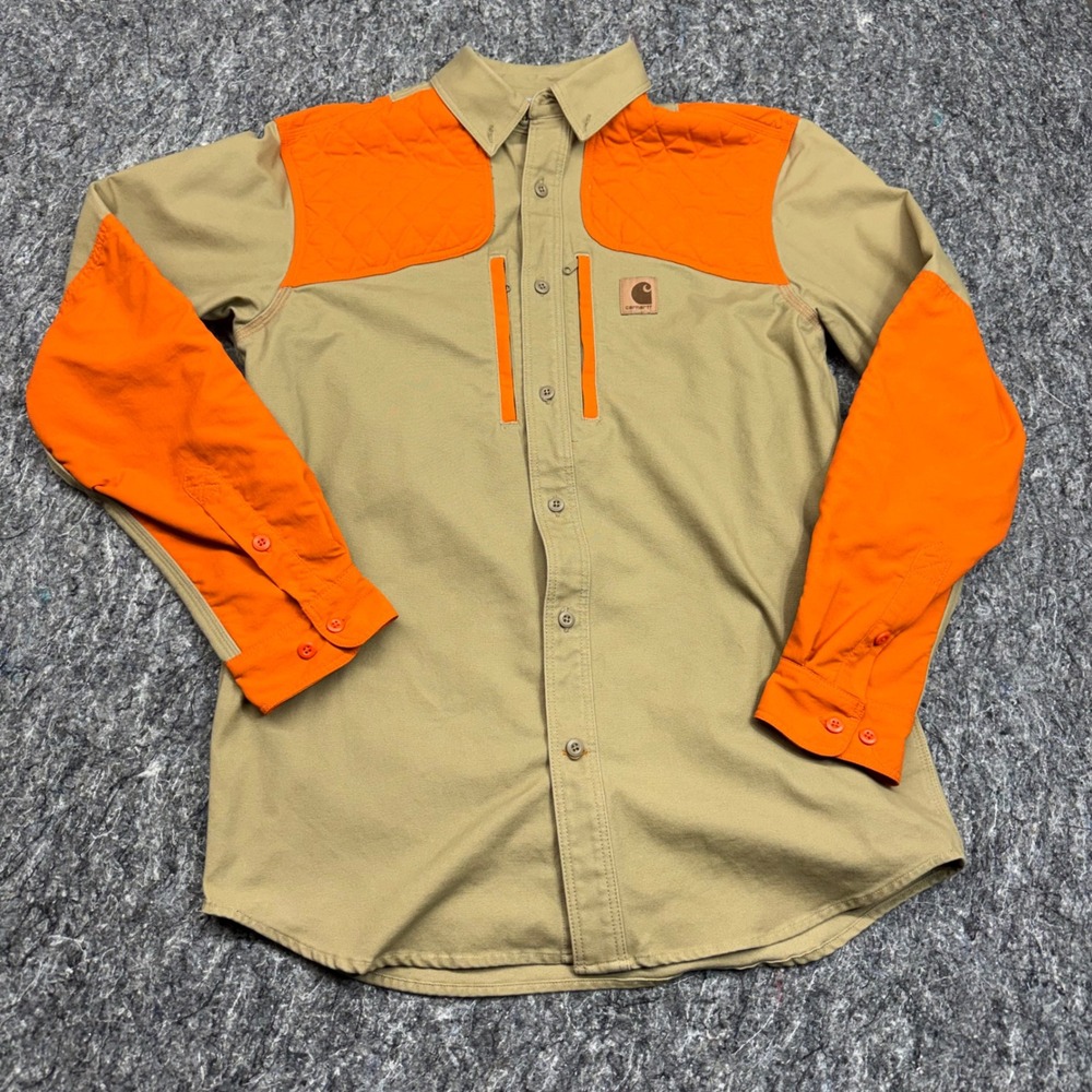 Carhartt Upland Field Shirt Mens Medium Tan Blaze Orange Hunting Shooting Top - Picture 1 of 9